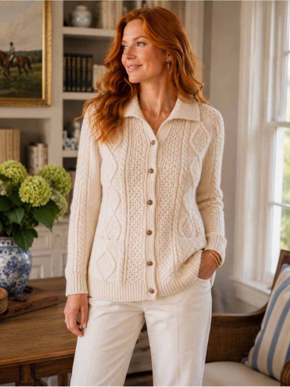 Cream Cable Knit Button-Front Cardigan Sweater